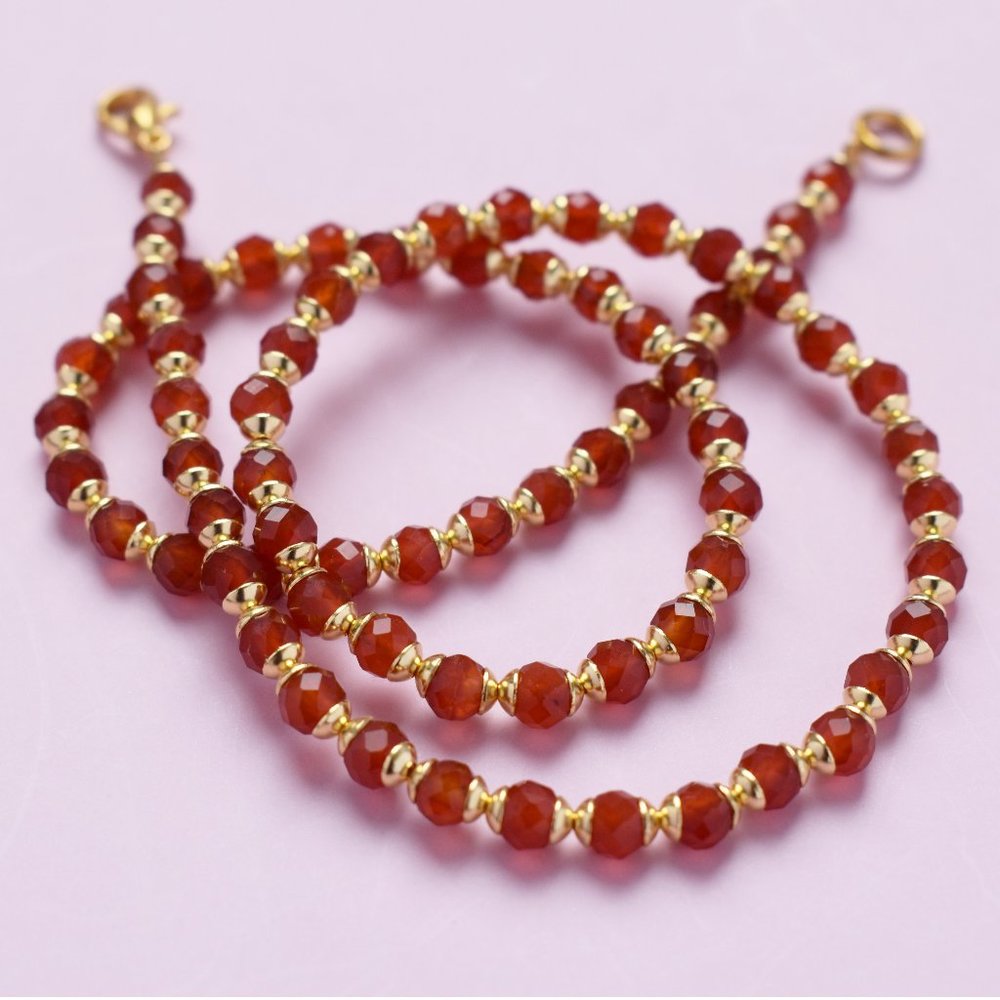Faceted carnelian necklace gold, tiny gemstone crystal bead choker